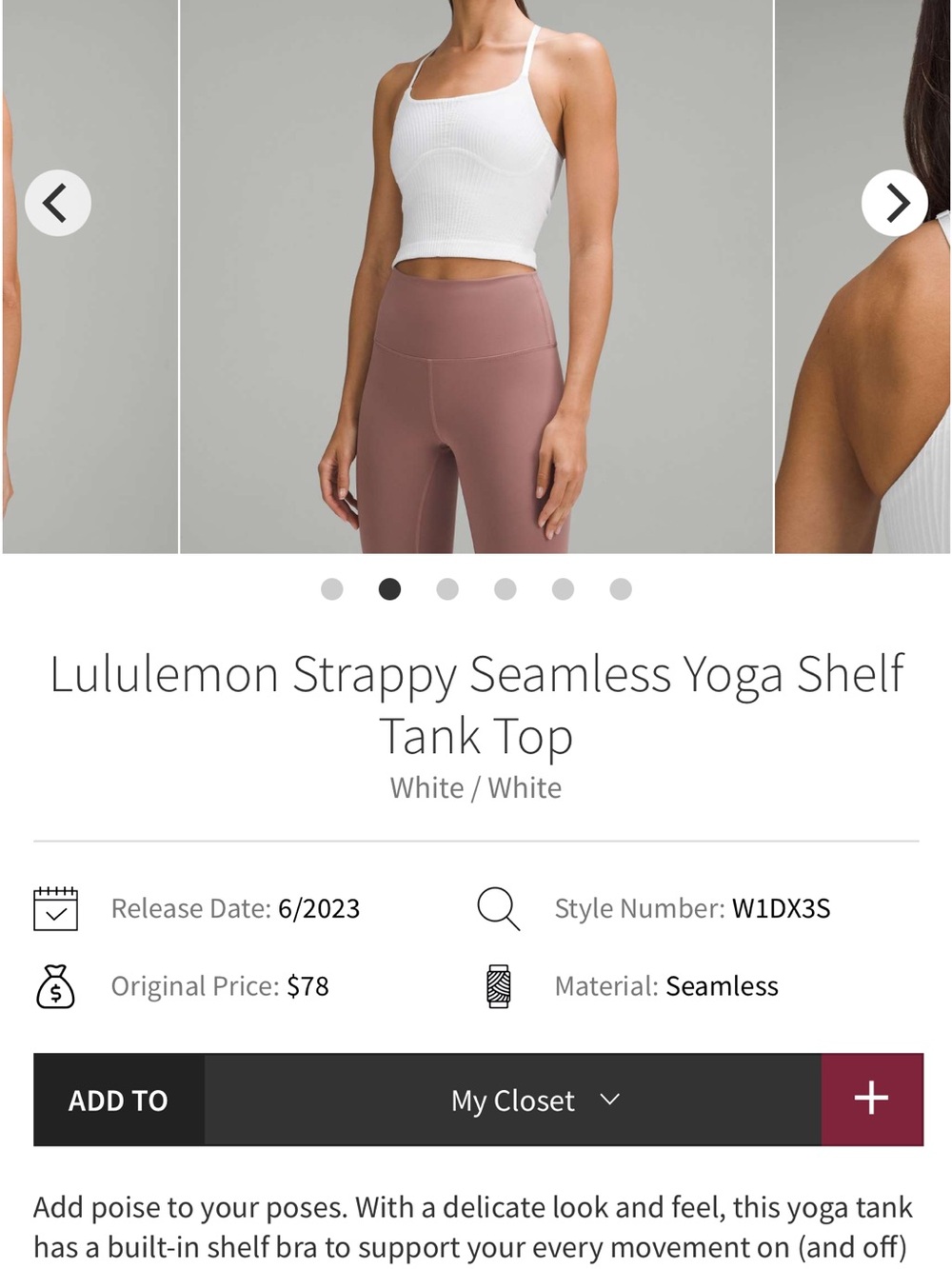 lululemon Strappy Seamless Yoga Shelf Tank Top Size 12 White